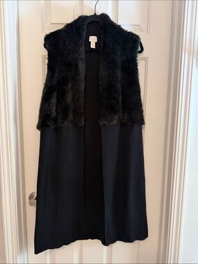 Chicos Anastasia Black Faux Fur Trim Long Vest size large